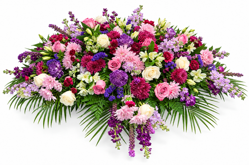 Pink, purple and ivory full floral casket arrangement by Menvilay