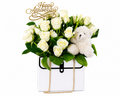 Everlasting Embrace white rose arrangement with teddy bear and anniversary topper