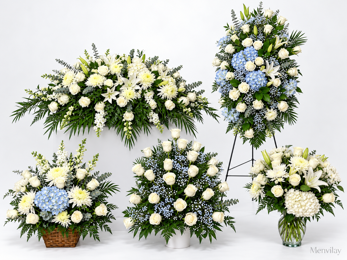 Forever Cherished five-piece white and blue sympathy flower collection by Menvilay