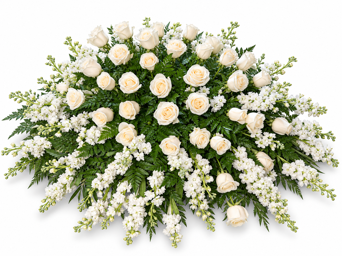 Graceful Farewell ivory roses and cascading white flowers full casket arrangement