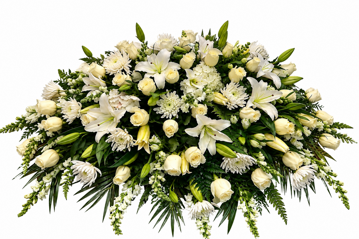 Ivory Eternal Grace all-white casket spray with roses, lilies, chrysanthemums, hydrangeas, and greenery