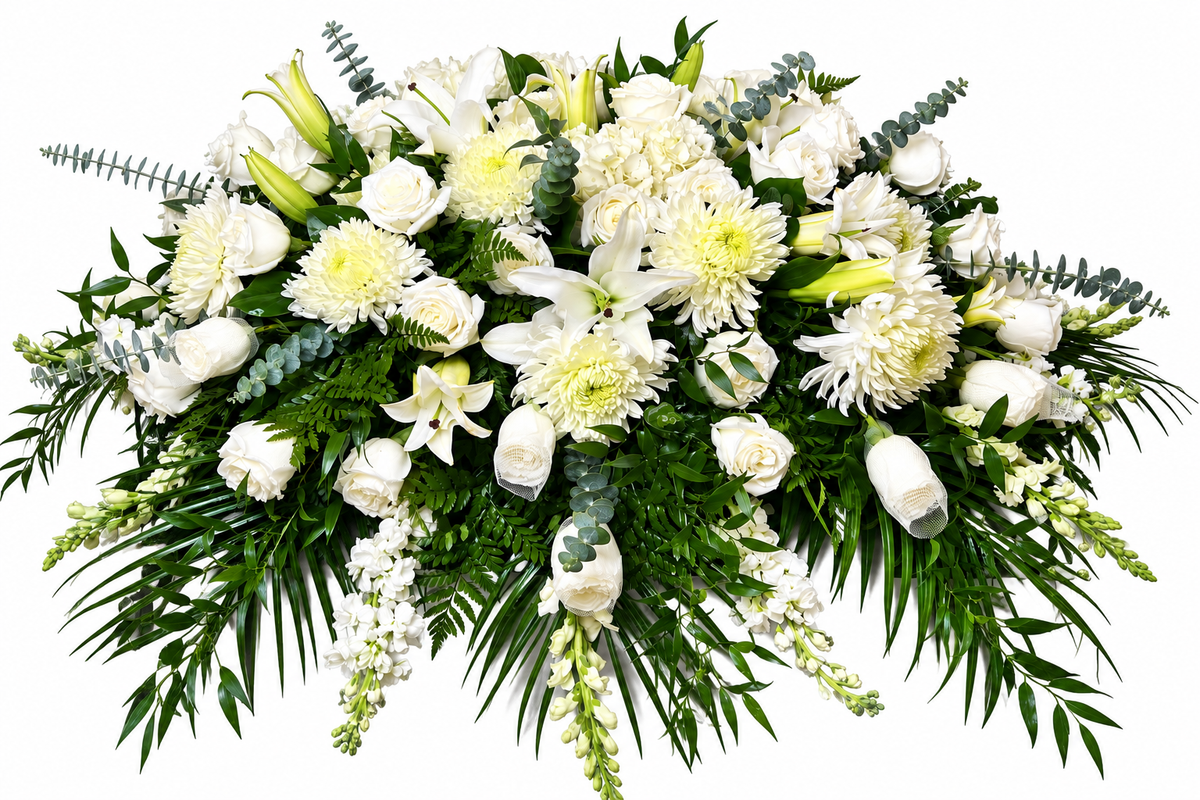 Peaceful Devotion white casket floral arrangement by Menvilay