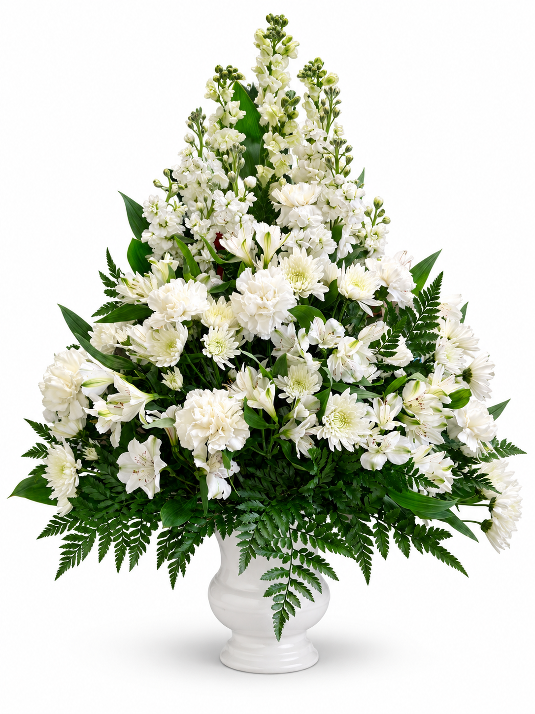 Quiet Grace white sympathy flowers and greenery in a white vase