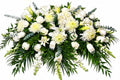 Serene Ivory Tribute white floral casket arrangement with roses, lilies, chrysanthemums and greenery