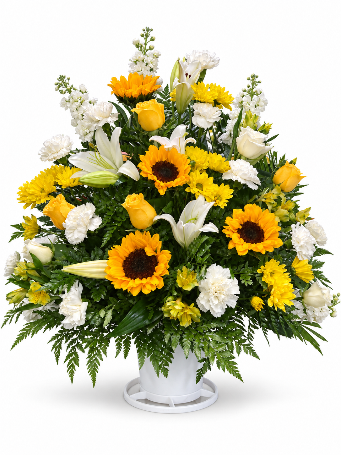 Sunflower Garden Tribute with yellow and white flowers in a white container