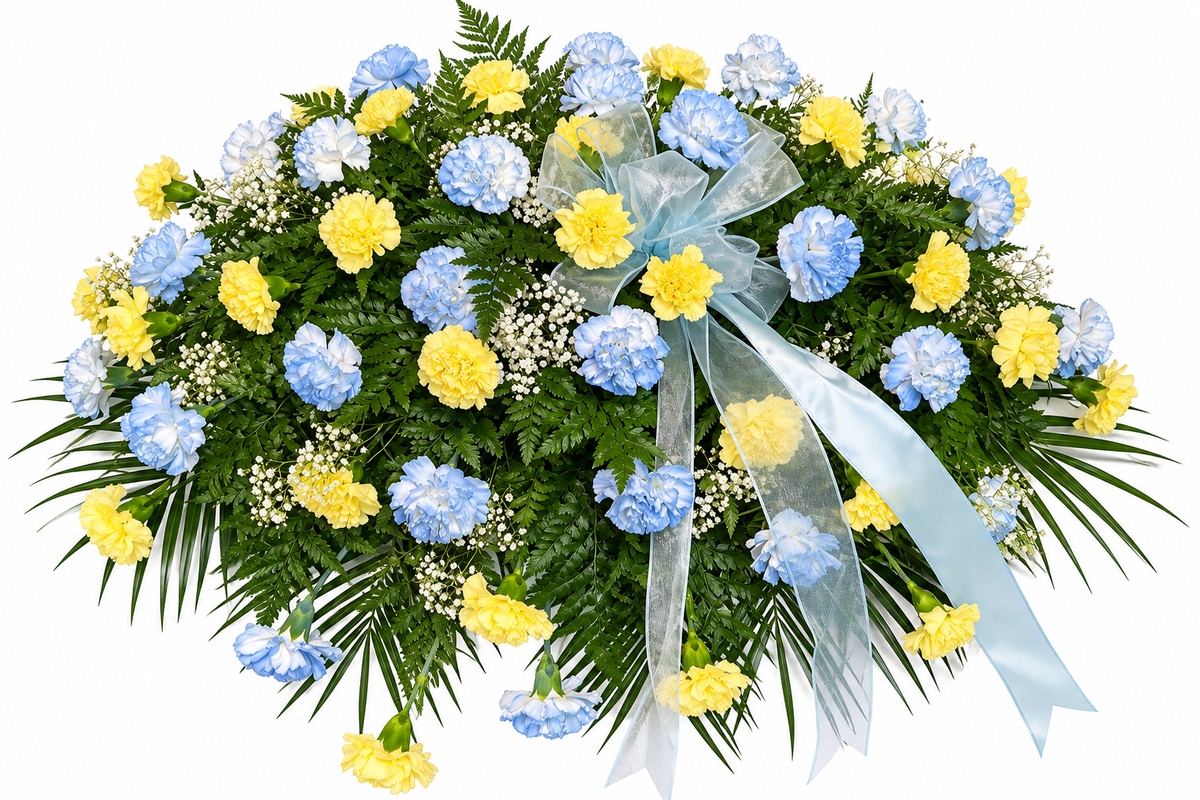 Sunlit Serenity Tribute with blue and yellow carnations