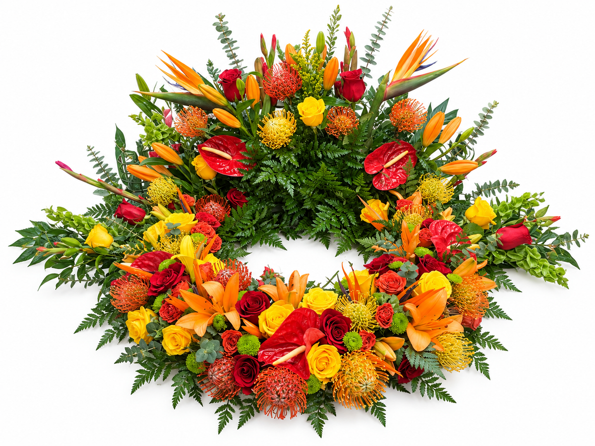 Tropical Garden Urn Surround with colorful tropical flowers and lush greenery